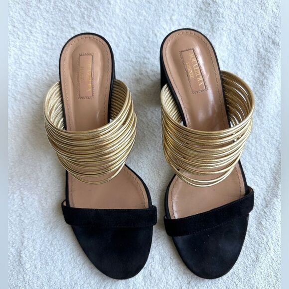 Aquazzura Rendez vous Sandals Black suede Gold strap size 38.5‎ US 8 heels - Picture 8 of 15